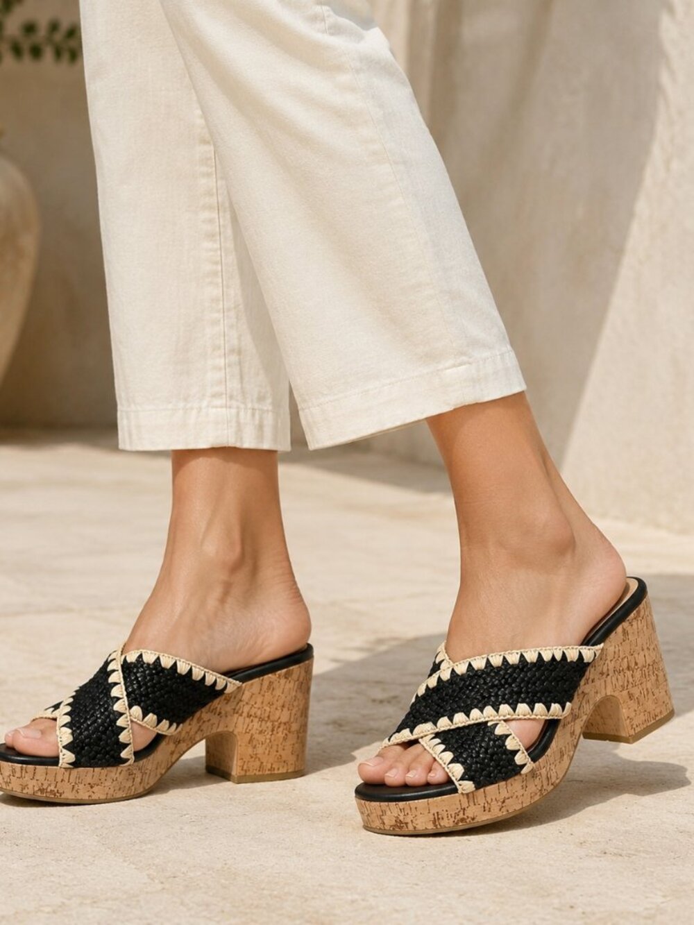 Alberta Black Woven Cork Platform Sandals Size 8